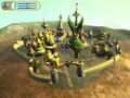 Visão de uma cidade alienígena no jogo SPORE, com prédios que parecem feitos de vários tipos de cogumelos e plantas. O solo do planeta é amarelado, e os prédios são verdes e rosa.