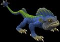 Criatura azul com detalhes em verde, de quatro patas, cabeça de peixe e um rabo que termina em uma clava de espinhos