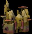 Edifício feito de material parecido com pedras pontiagudas, de cor amarela, com aberturas e toldos vermelhos.